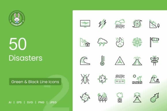 50 Disasters Green Black Icons