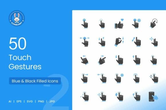 50 Touch Gestures Blue Black Icons