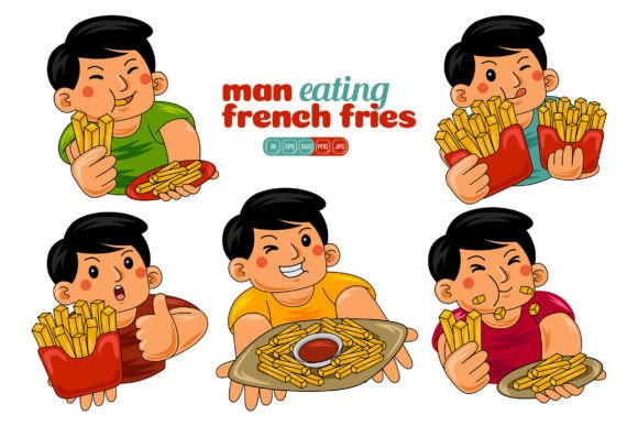 Man Eating French Fries Vector Pack 02