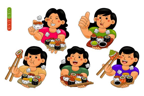 Woman Eating Sushi Vector Pack 02: Graphics and Illustrations for Crafting