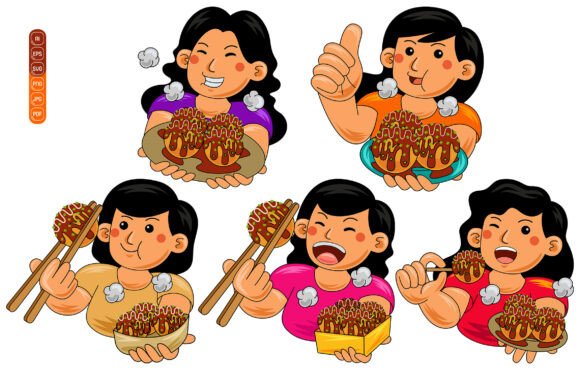 Woman Eating Takoyaki Vector Pack 01: Graphics for Local Business Branding