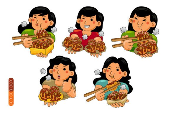 Woman Eating Takoyaki Vector Pack 02