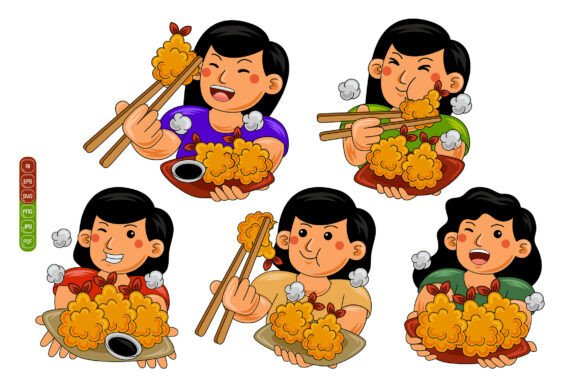 Woman Eating Tempura Vector Pack 02: Graphics and Illustrations for Digital Sellers